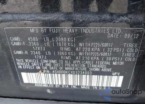 2013 Subaru Outback 2.5I Limited z USA, uszkodzony, nr VIN 4S4BRBKCXD3234003